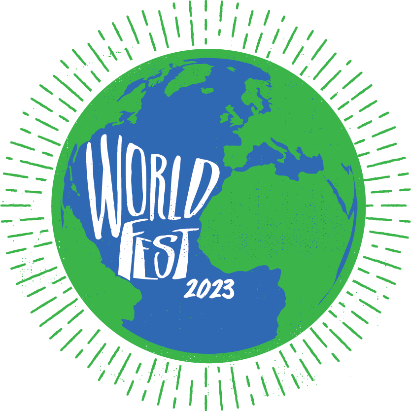A 2D view of the Earth contains the text "Worldfest 2023" in playful, squiggly font